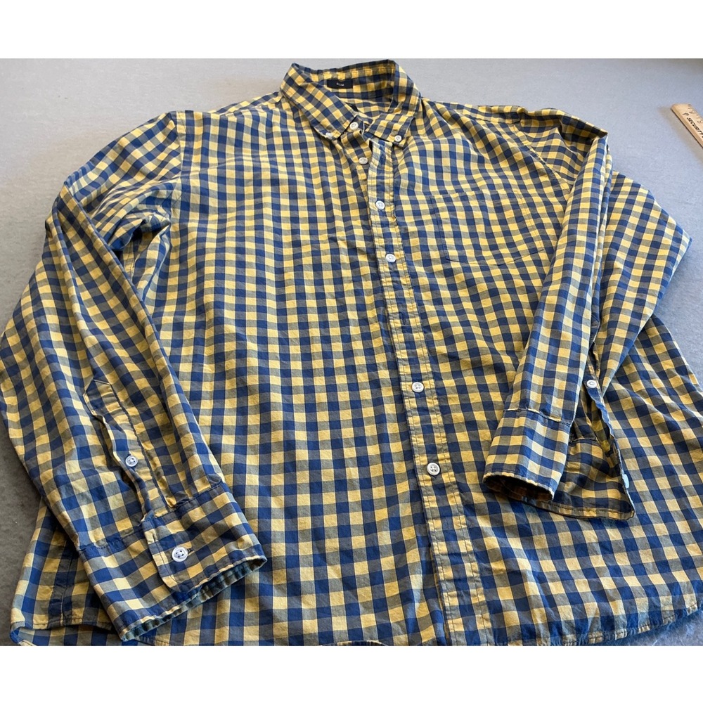 J.Crew Gingham Button Down Shirt Yellow Navy Blue Slim Fit XL Flex Washed AL624